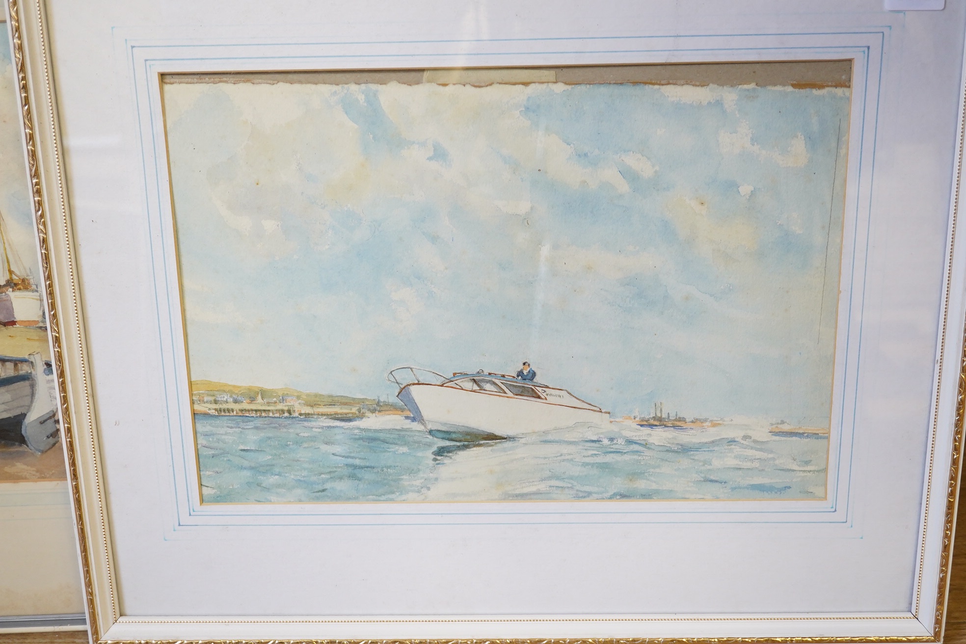 J H Powell (20th. C), three watercolours, Harbour views with moored boats and boats at sea, each signed, largest 27 x 38cm. Condition - poor to fair